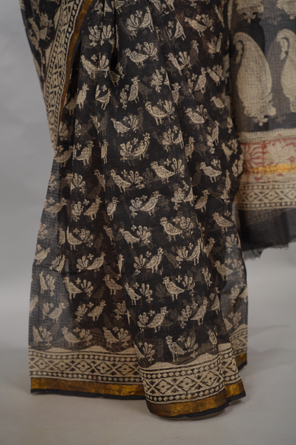 Black Pure Kota Doria Saree with Bagru Handblock Prints | Looms & Tassels