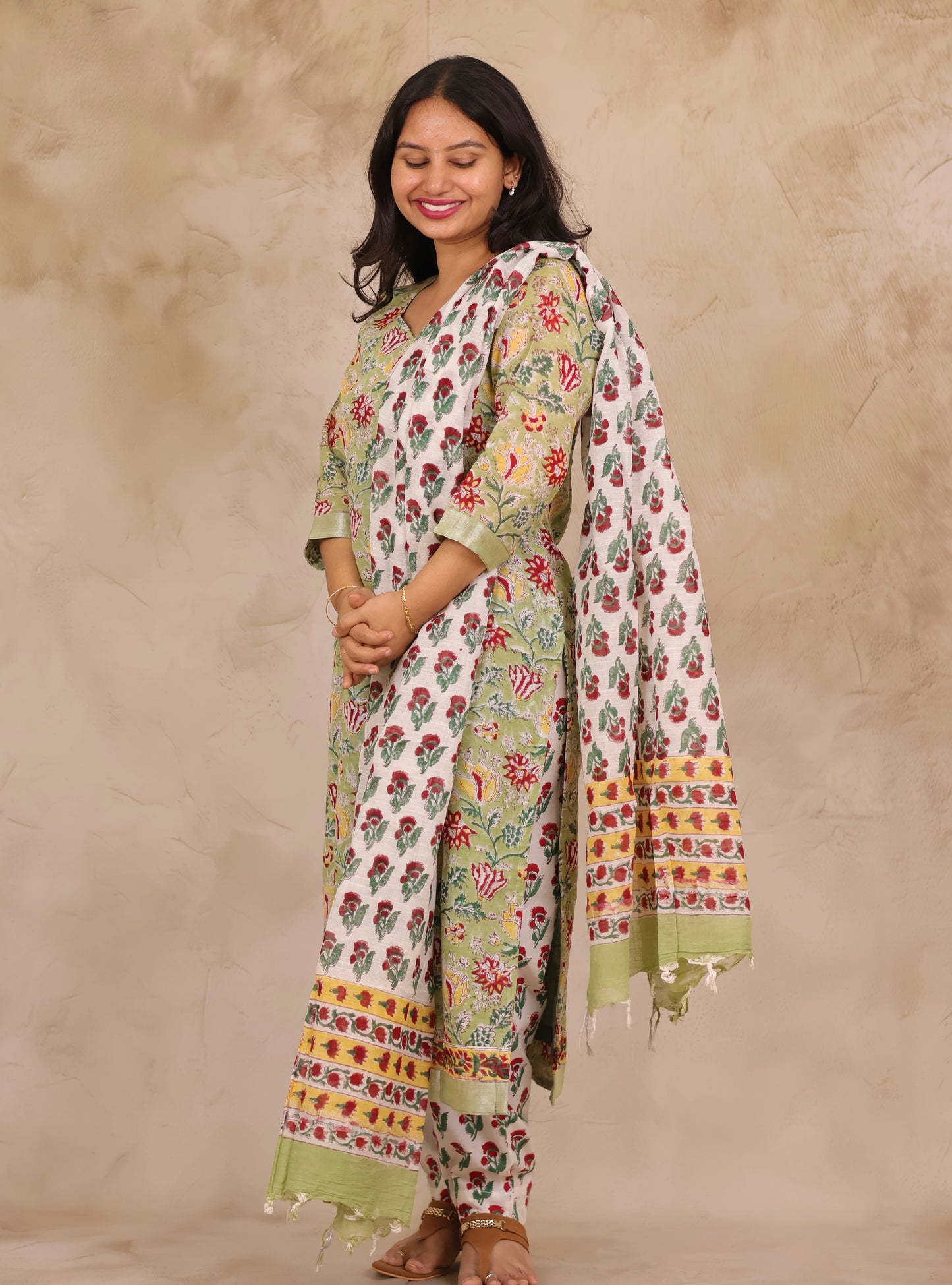 Green Linen Cotton Handblock printed 3 piece suit (stitched)