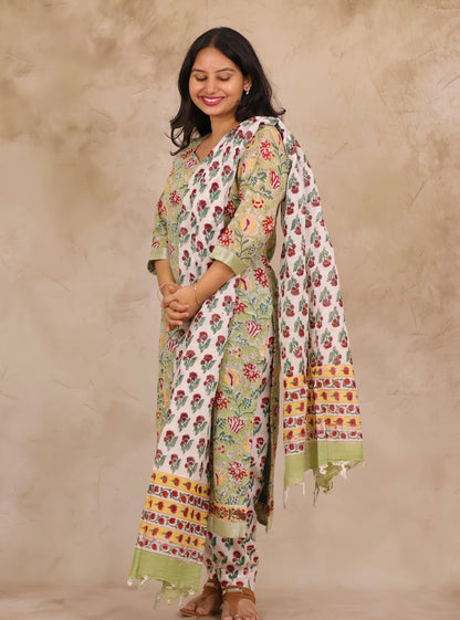 Green Linen Cotton Handblock printed 3 piece suit (stitched)