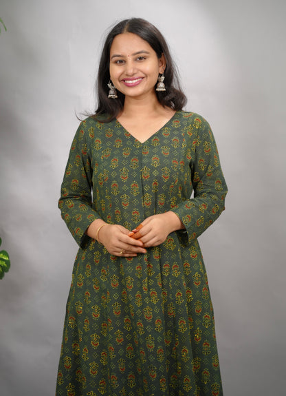 Green Ajrakh Cotton Kali Kurta | Looms & Tassels