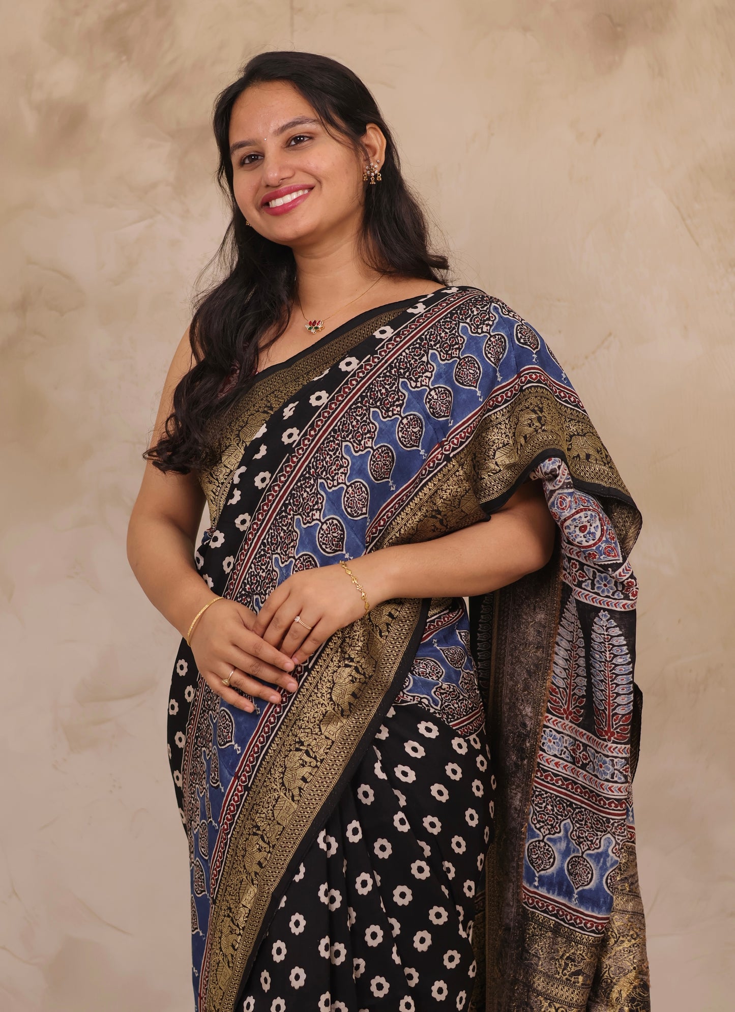 Black Ajrakh Handblock printed Dola Silk Saree | Looms & Tassels