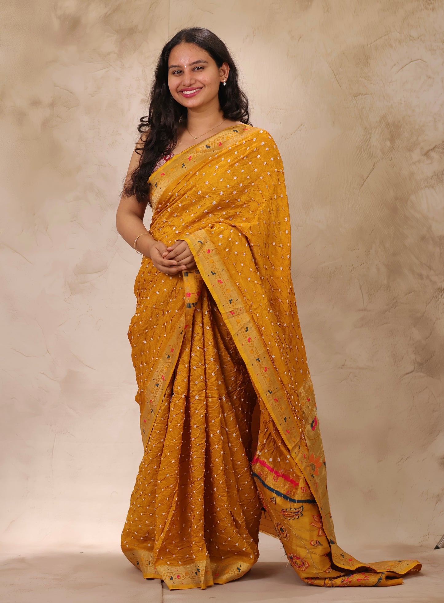 Mustard Handcrafted Bandhani Paithani Dola Silk Saree | Looms & Tassels