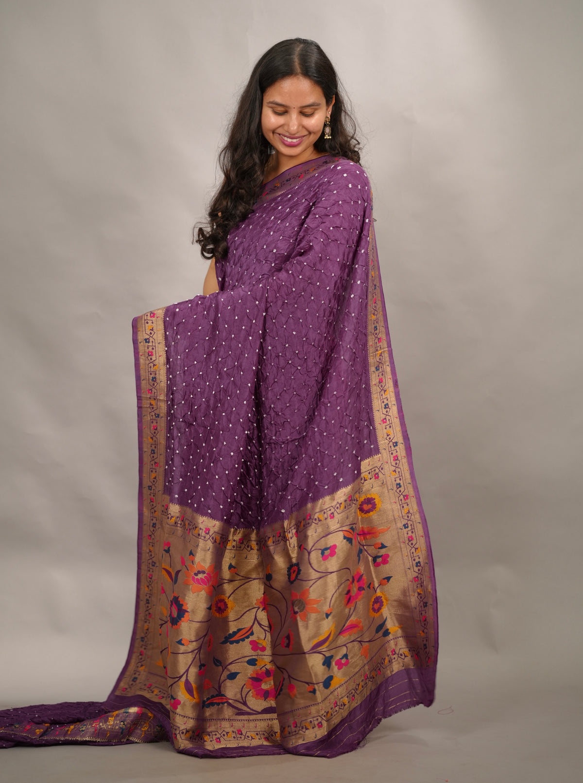 Purple Handcrafted Bandhani Paithani Dola Silk Saree | Looms & Tassels