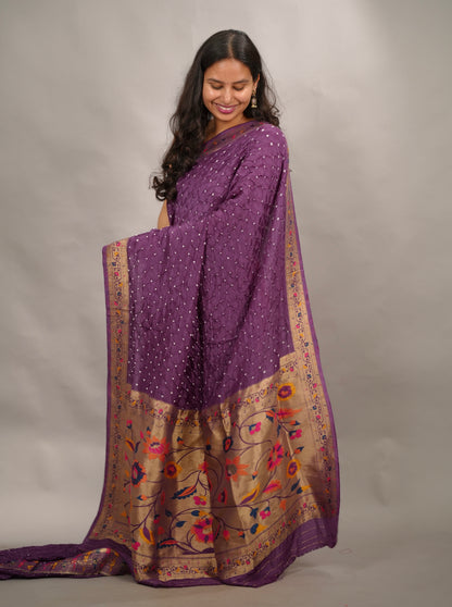 Purple Handcrafted Bandhani Paithani Dola Silk Saree | Looms & Tassels