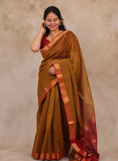 Mustard Handloom Maheswari Silk Cotton Sarees | Looms & Tassels