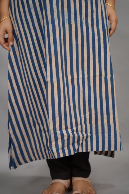 Blue Ajrakh Pattern Hand Block printed Aline Kurti | Looms & Tassels