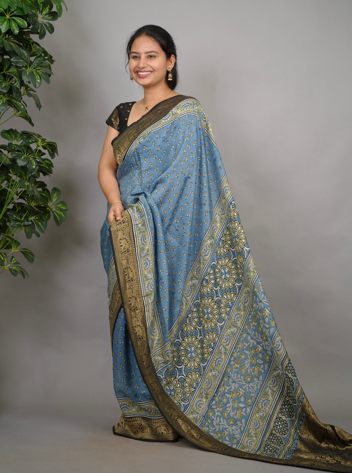 Ajrakh Dola Silk Saree - Blue | Looms & Tassels