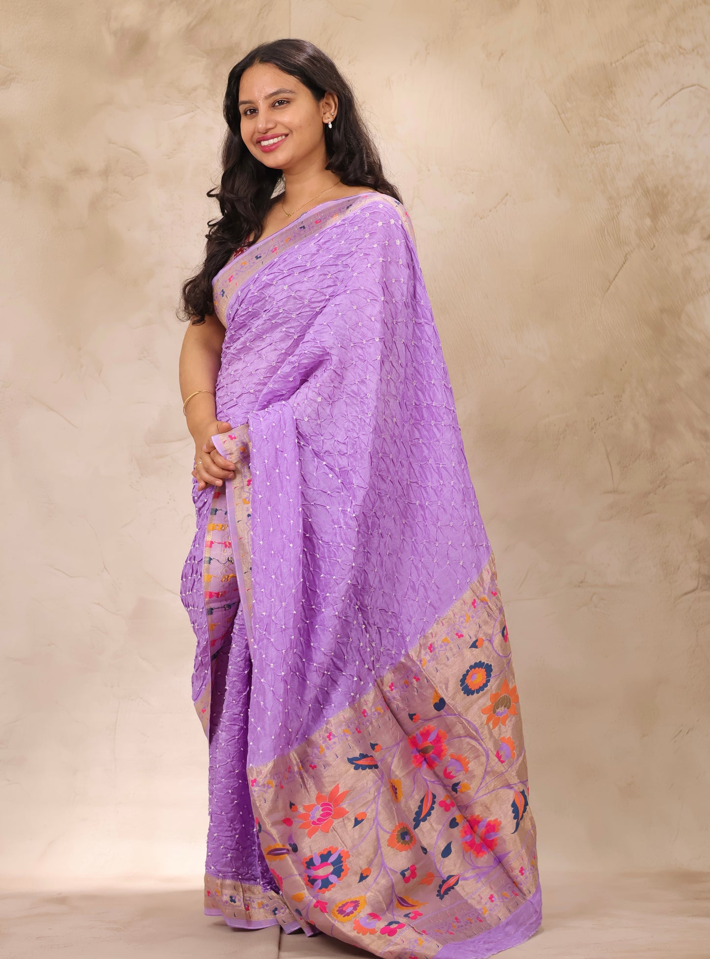 Pastel Lavender Handcrafted Bandhani Paithani Dola Silk Saree | Looms & Tassels