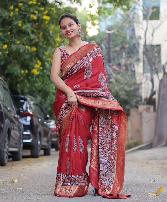 Red Ajrakh Dola Silk Saree