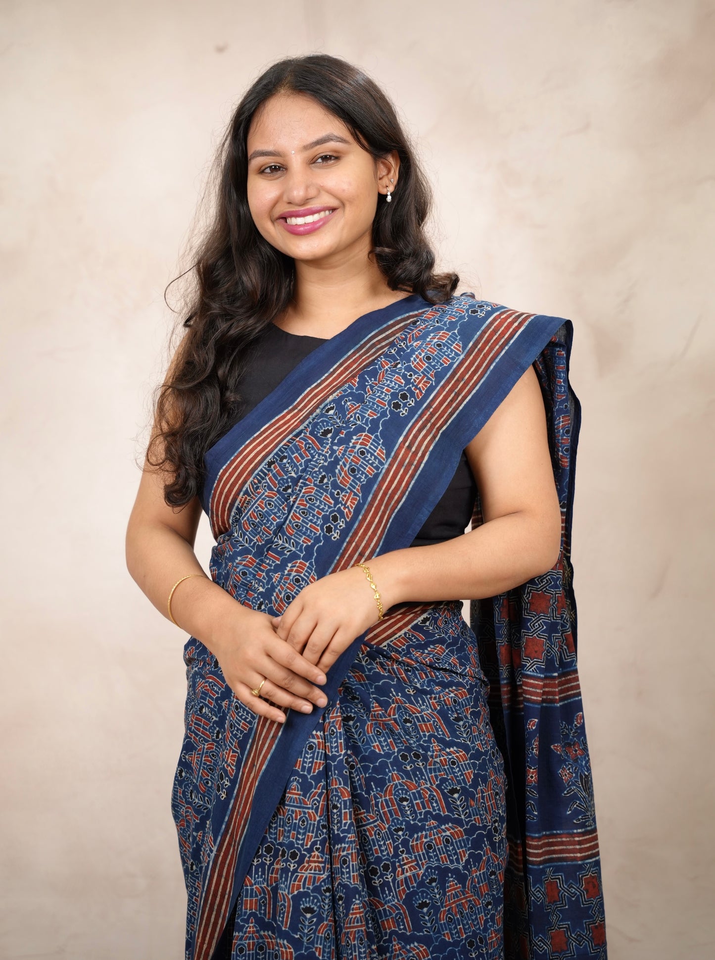 Indigo Ajrakh Hand Block Printed Cotton Saree | Looms & Tassels