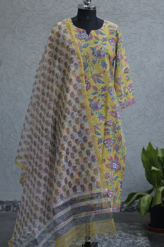 Green Handblock printed Pure Mul Cotton with Kota Doria Duppata 3 piece suit (stitched)