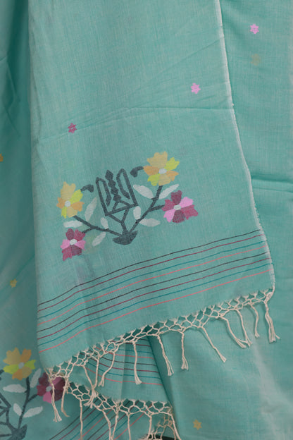 Sea Green Handwoven Jamdhani weaving pure Malai cotton 2 piece suit sets | Looms & Tassels