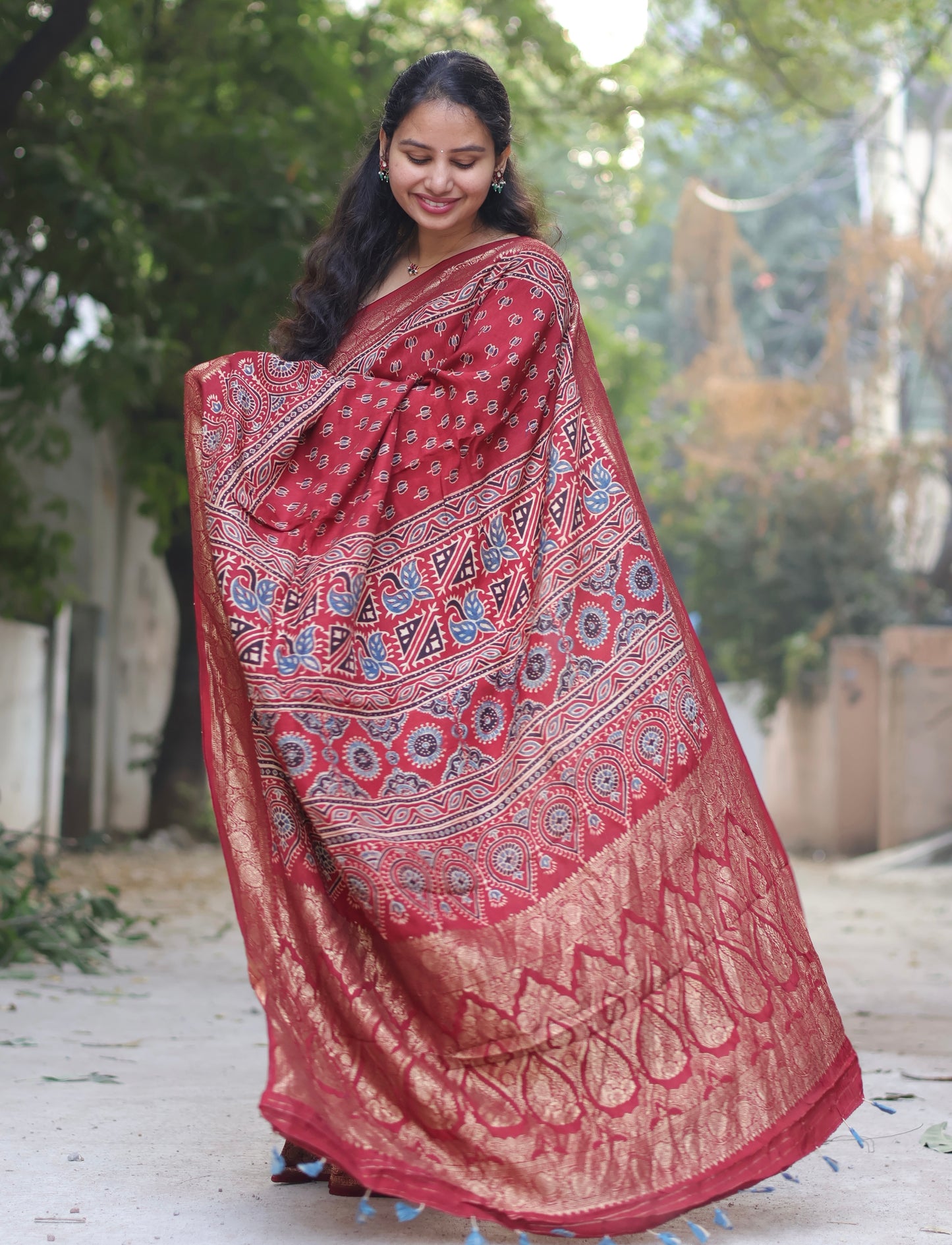 Lotus Ajrakh Handblock Printed Dola Silk Saree