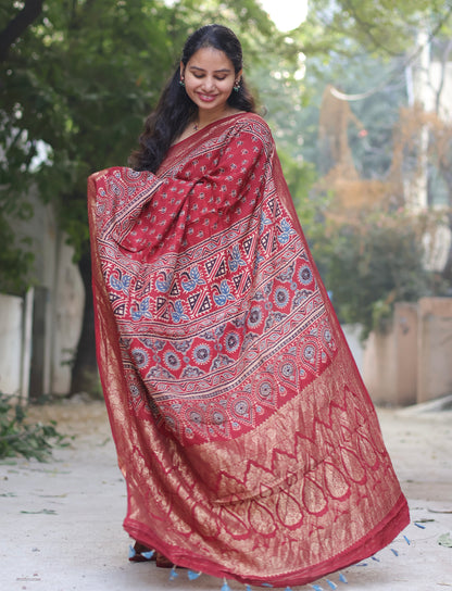 Lotus Ajrakh Handblock Printed Dola Silk Saree
