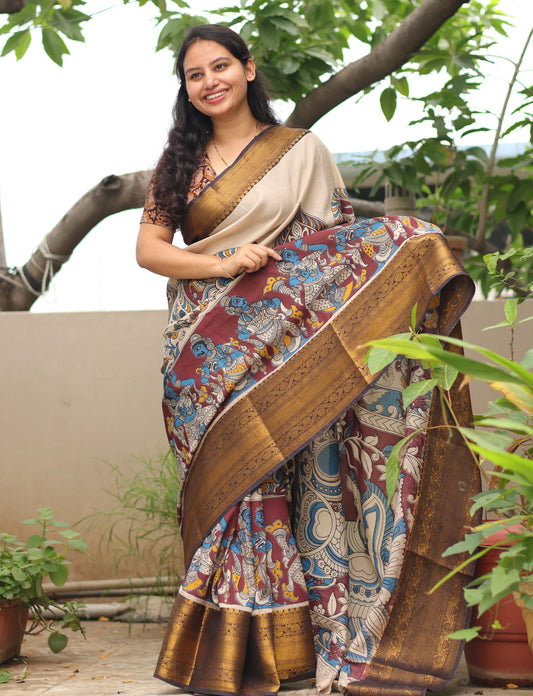 Cream & Brown Kanchi border Kalamkari chennur silk saree