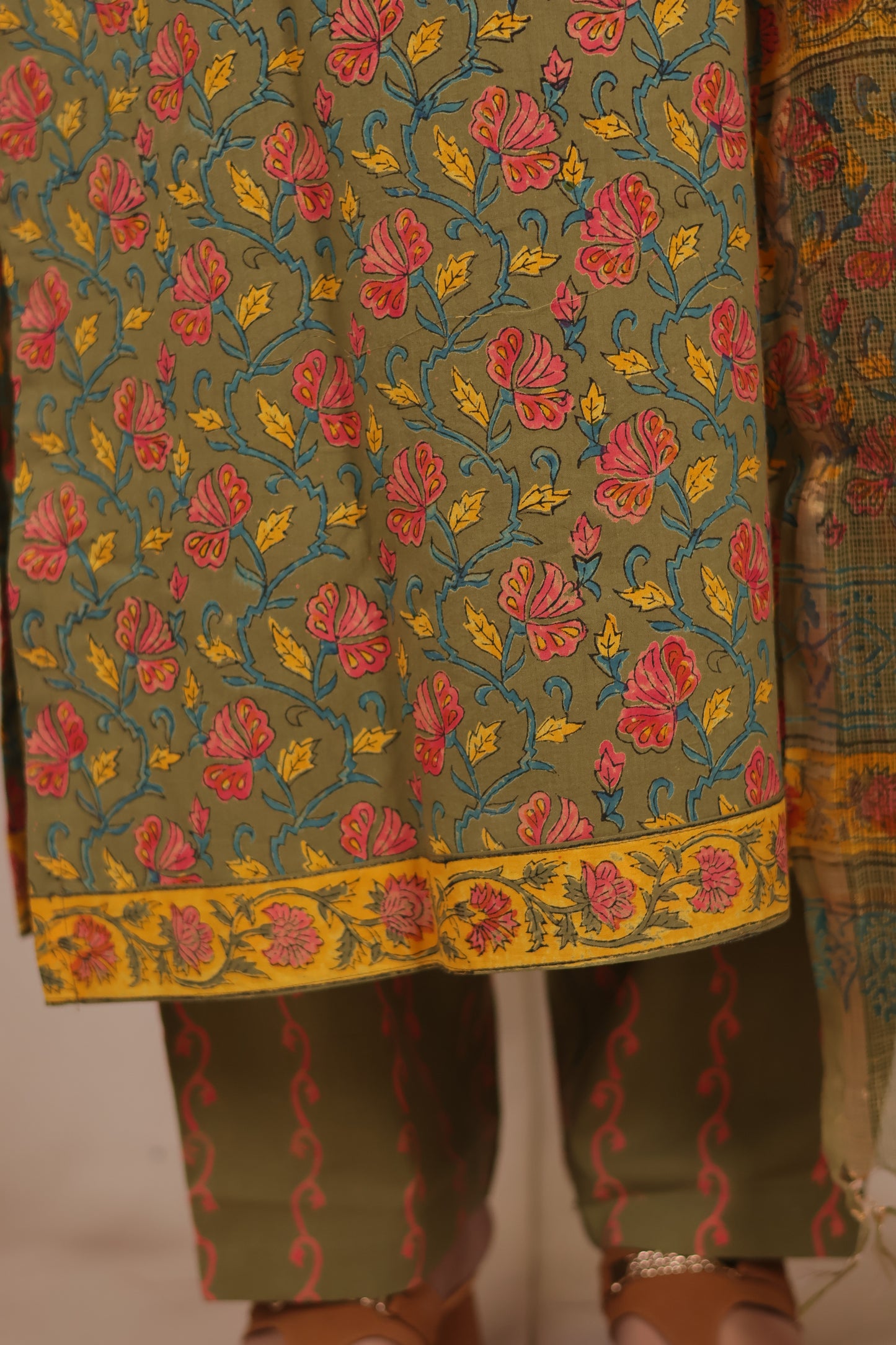 Mehendi Green Handblock printed Pure Mul Cotton with Kota Doria Duppata 3 piece suit (stitched)