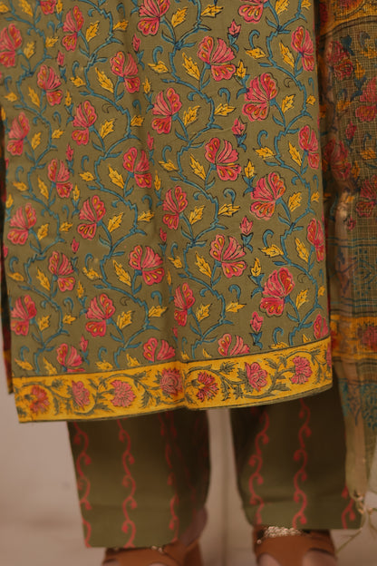 Mehendi Green Handblock printed Pure Mul Cotton with Kota Doria Duppata 3 piece suit (stitched)