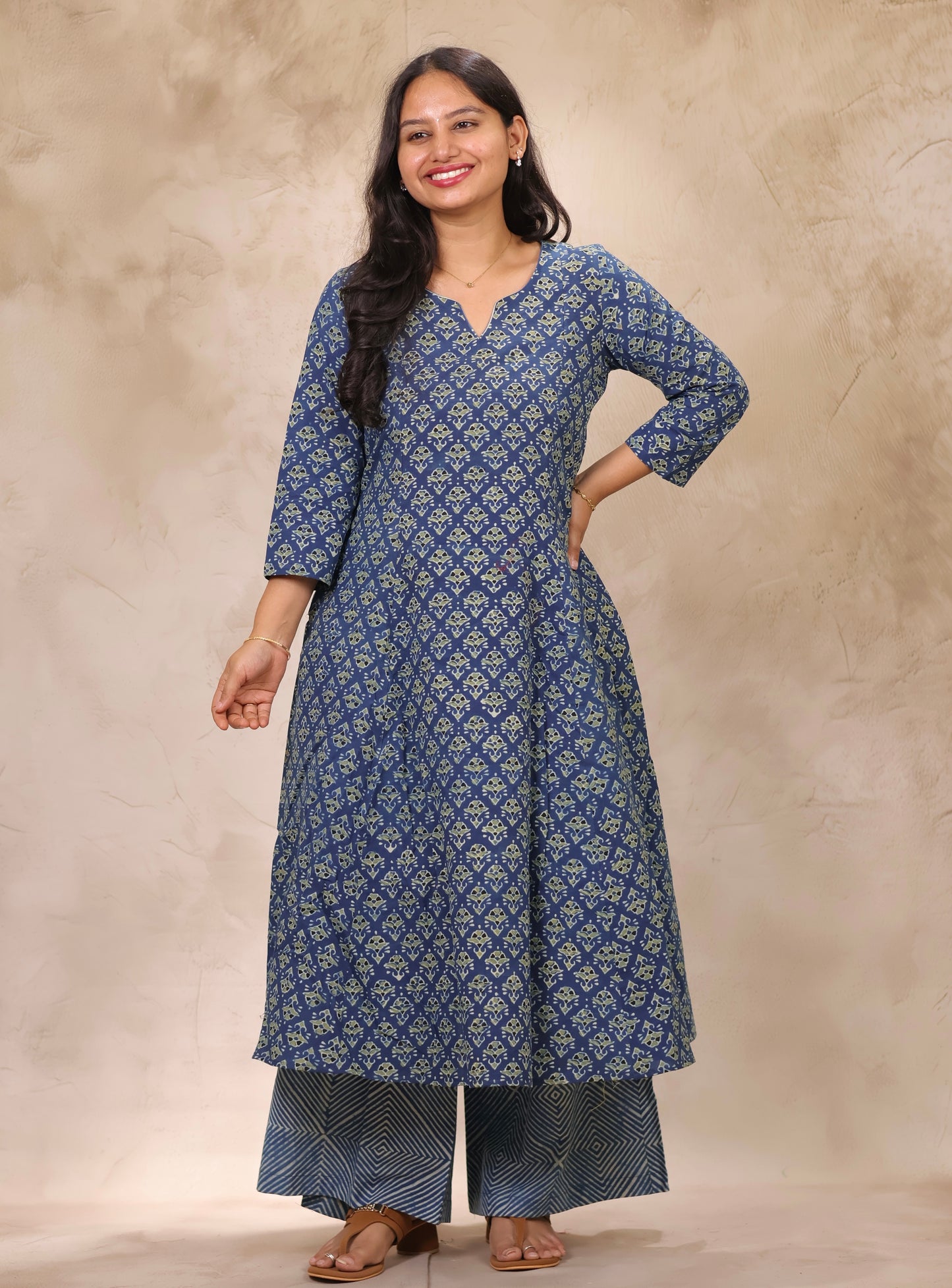 Indigo Ajrakh Handblock Printed Kali Kurti Co-ord Set (Pure Cotton ) | Looms & Tassels