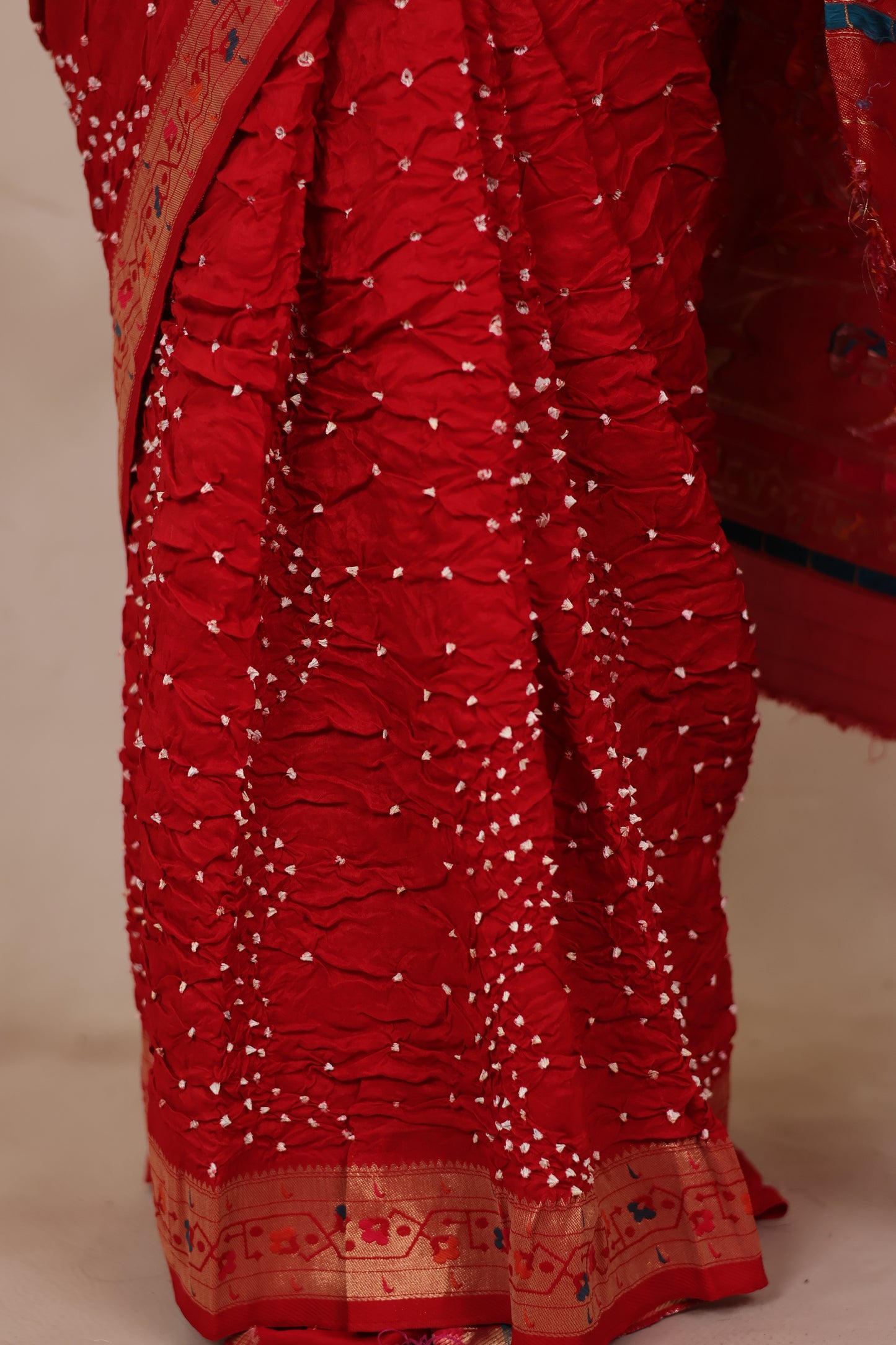 Red Handcrafted Pattern Bandhani Paithani Dola Silk Saree | Looms & Tassels