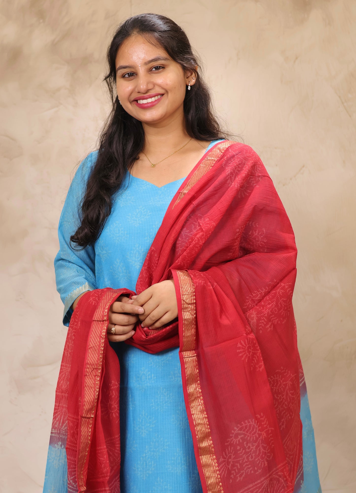 Sky Blue & Red Handblock printed Pure Maheswari Silk 3 piece suit (stitched)