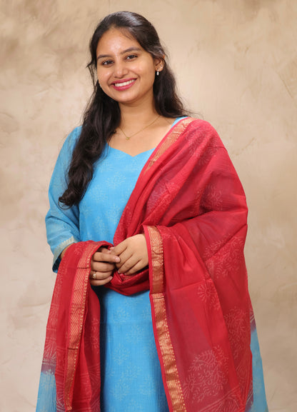Sky Blue & Red Handblock printed Pure Maheswari Silk 3 piece suit (stitched)