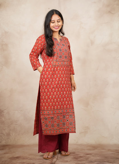 Red Ajrakh Pattern Hand Block printed Kurti | Looms & Tassels