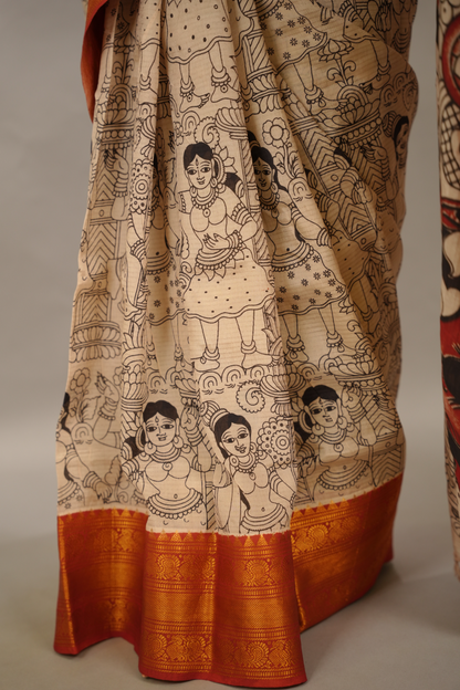 Cream Outline Kanchi border Kalamkari Chennur Silk Saree | Looms & Tassels