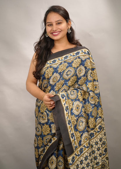 Cream & Blue Badam Butta Authentic Ajrakh Handblock Printed Modal Silk Saree | Looms & Tassels