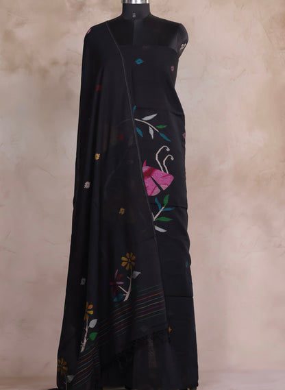 Black Handwoven Jamdhani weaving pure Malai cotton 2 piece suit sets | Looms & Tassels