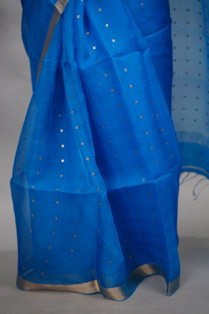 Blue Handwoven Muslin Silk Saree With Sequence Work | Looms & Tassels
