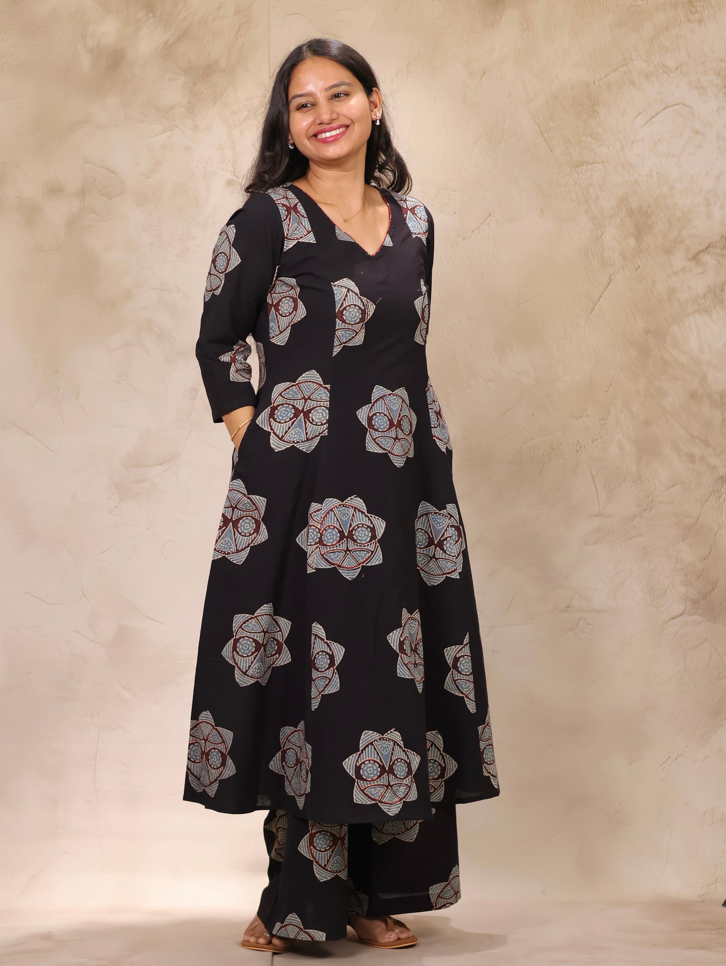 Black Ajrakh Handblock Printed Kali Kurti Co-ord Set (Pure Cotton ) | Looms & Tassels
