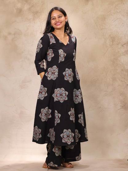 Black Ajrakh Handblock Printed Kali Kurti Co-ord Set (Pure Cotton ) | Looms & Tassels