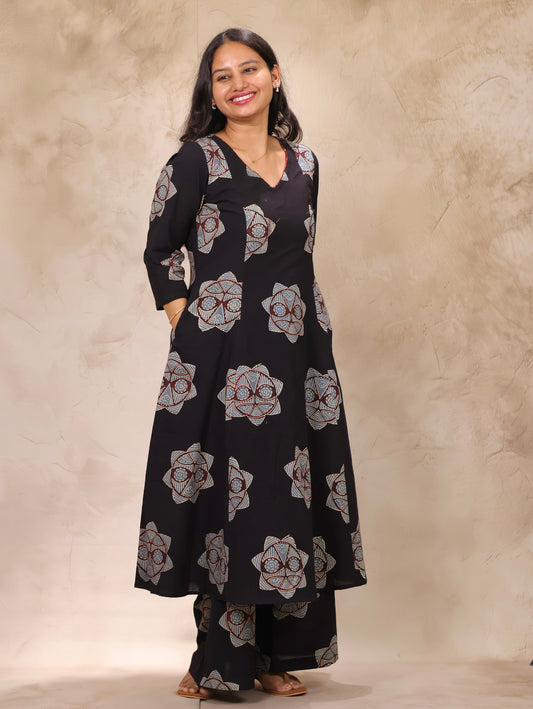 Black Ajrakh Handblock Printed Kali Kurti Co-ord Set (Pure Cotton ) | Looms & Tassels
