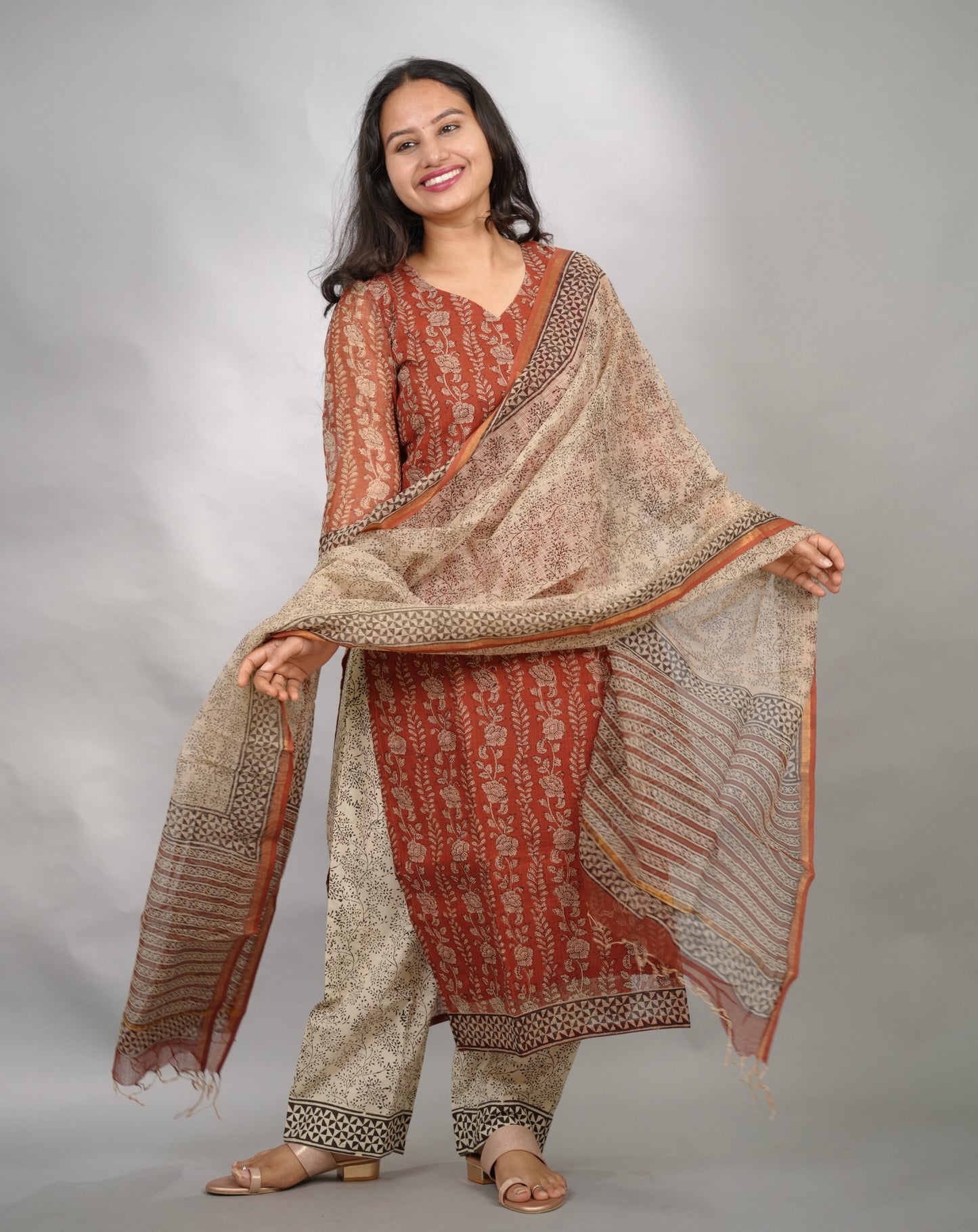 MaroonHandblock printed kota 3 piece suit (stitched)