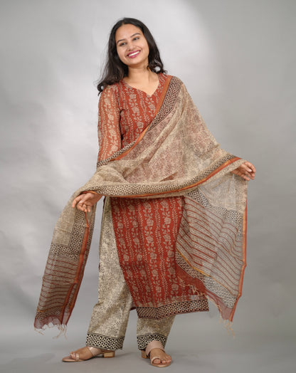 MaroonHandblock printed kota 3 piece suit (stitched)
