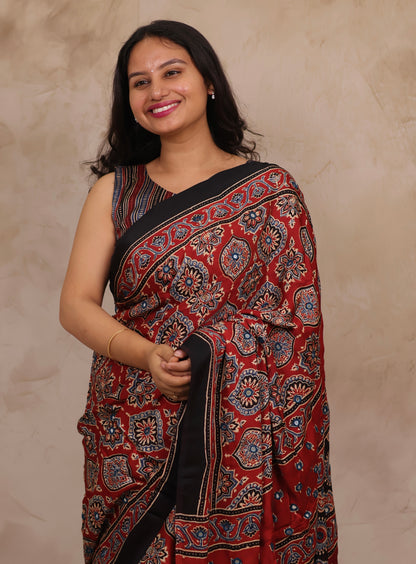 Red Handcrafted Ajrakh Modal Silk Saree with Authentic Banjara Mirror Work | Looms & Tassel