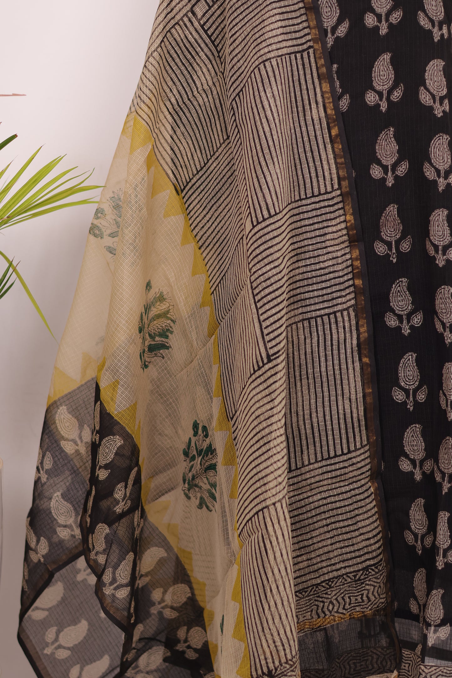 Black Handblock printed kota 3 piece suit (stitched)