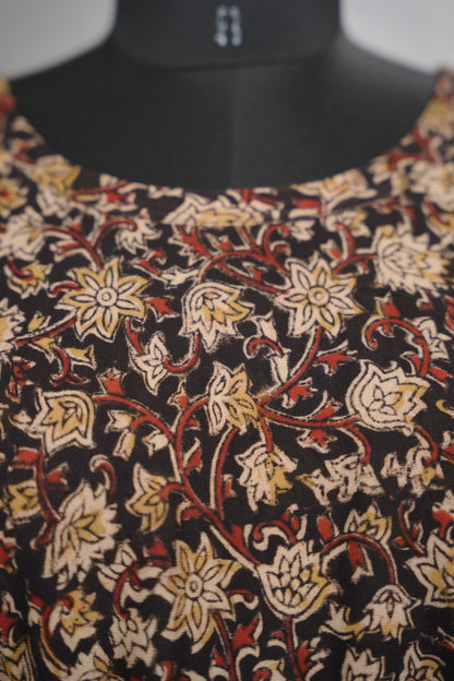 Black Boat Neck Stretchable Hand block printed kalamkari blouse (Elbow Sleeves) | Looms & Tassels