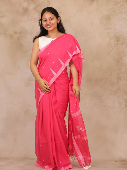 Pink Handwoven Malai Cotton Saree| Looms & Tassels