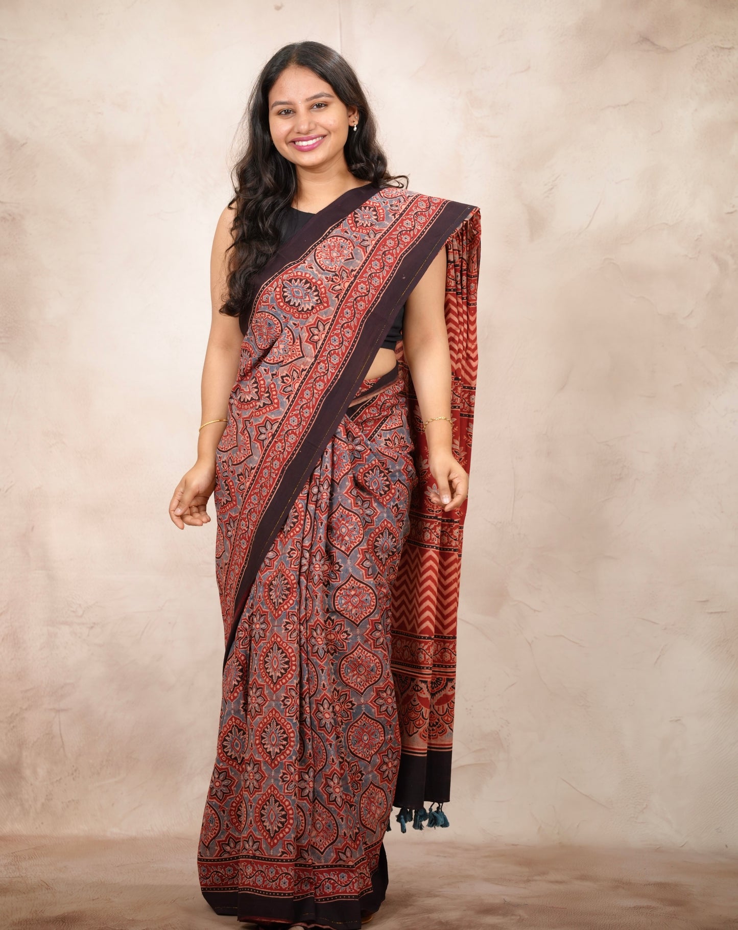 Maroon Ajrakh Hand Block Printed Cotton Saree | Looms & Tassels