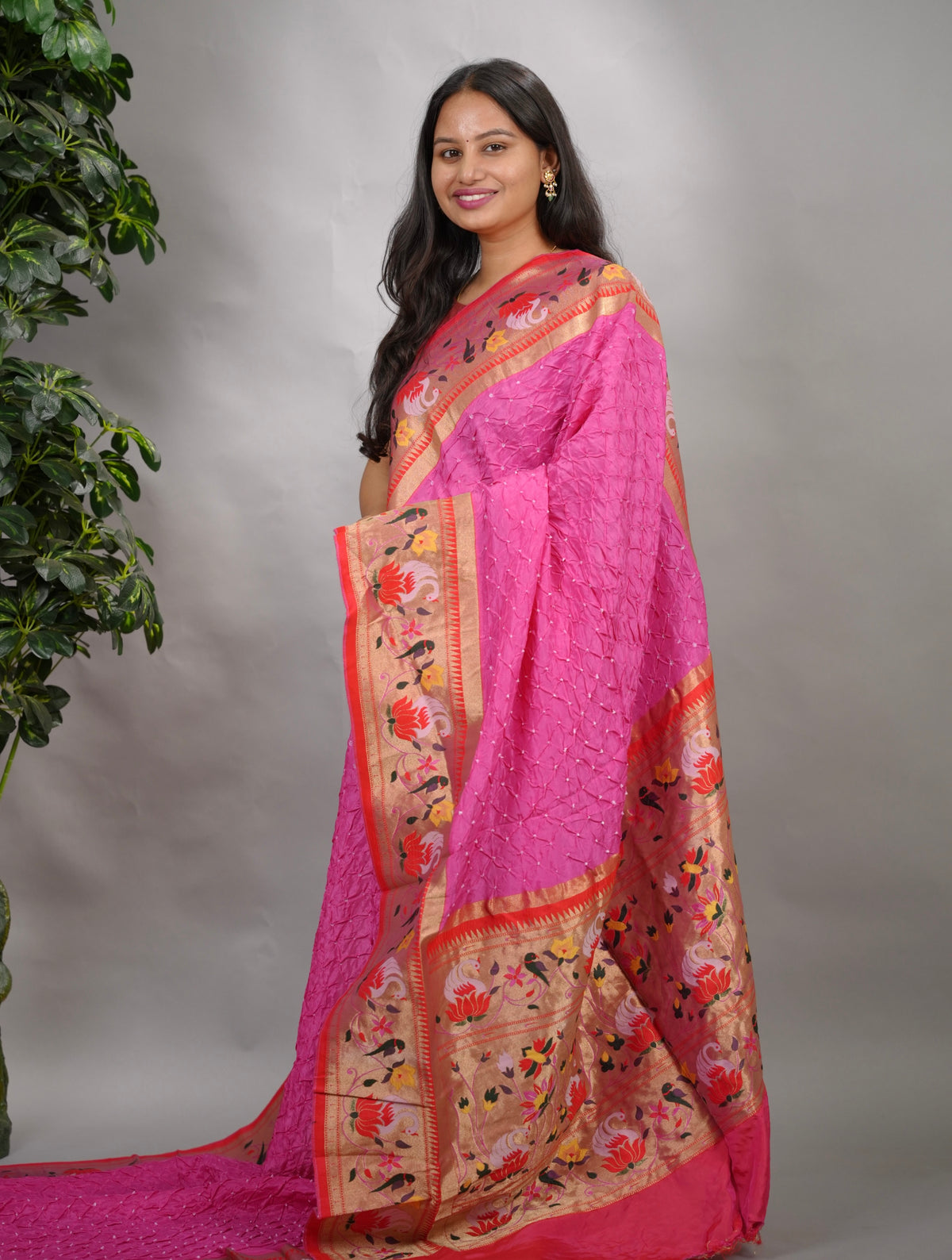 Pink Handcrafted Bandhani Paithani Dola Silk Saree | Looms & Tassels