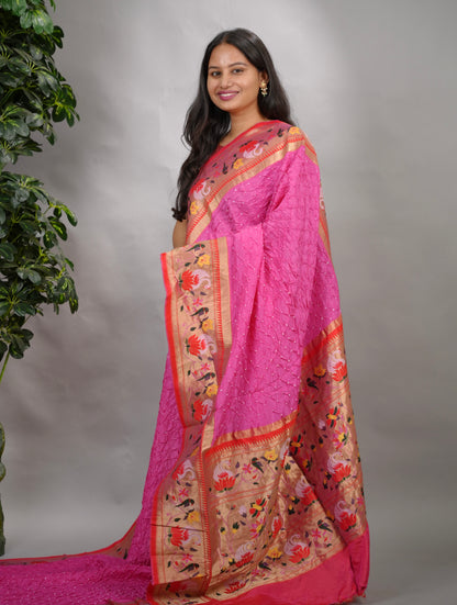 Pink Handcrafted Bandhani Paithani Dola Silk Saree | Looms & Tassels