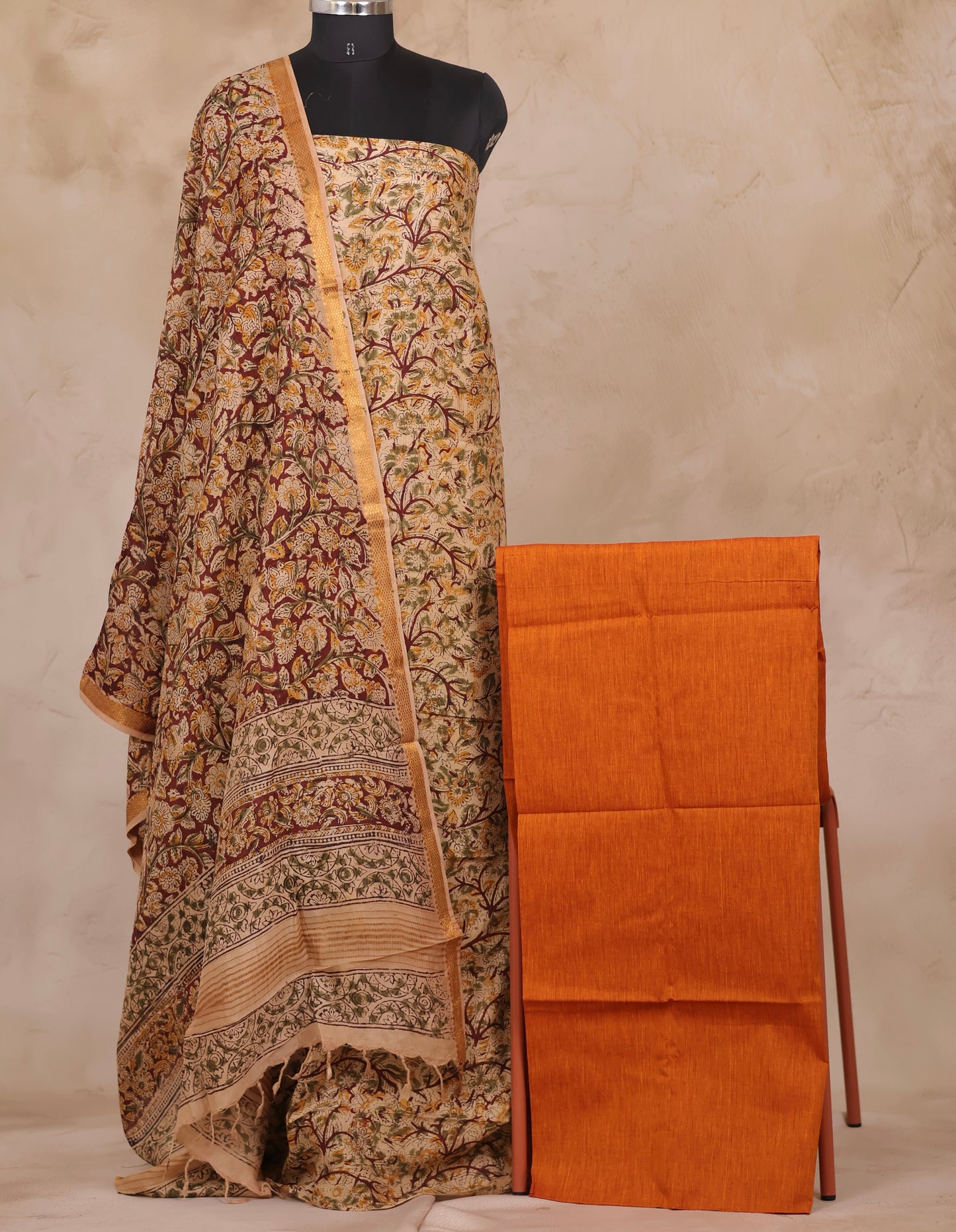 Hand Block Printed Kalamkari Unstitched 3pc Suit Set