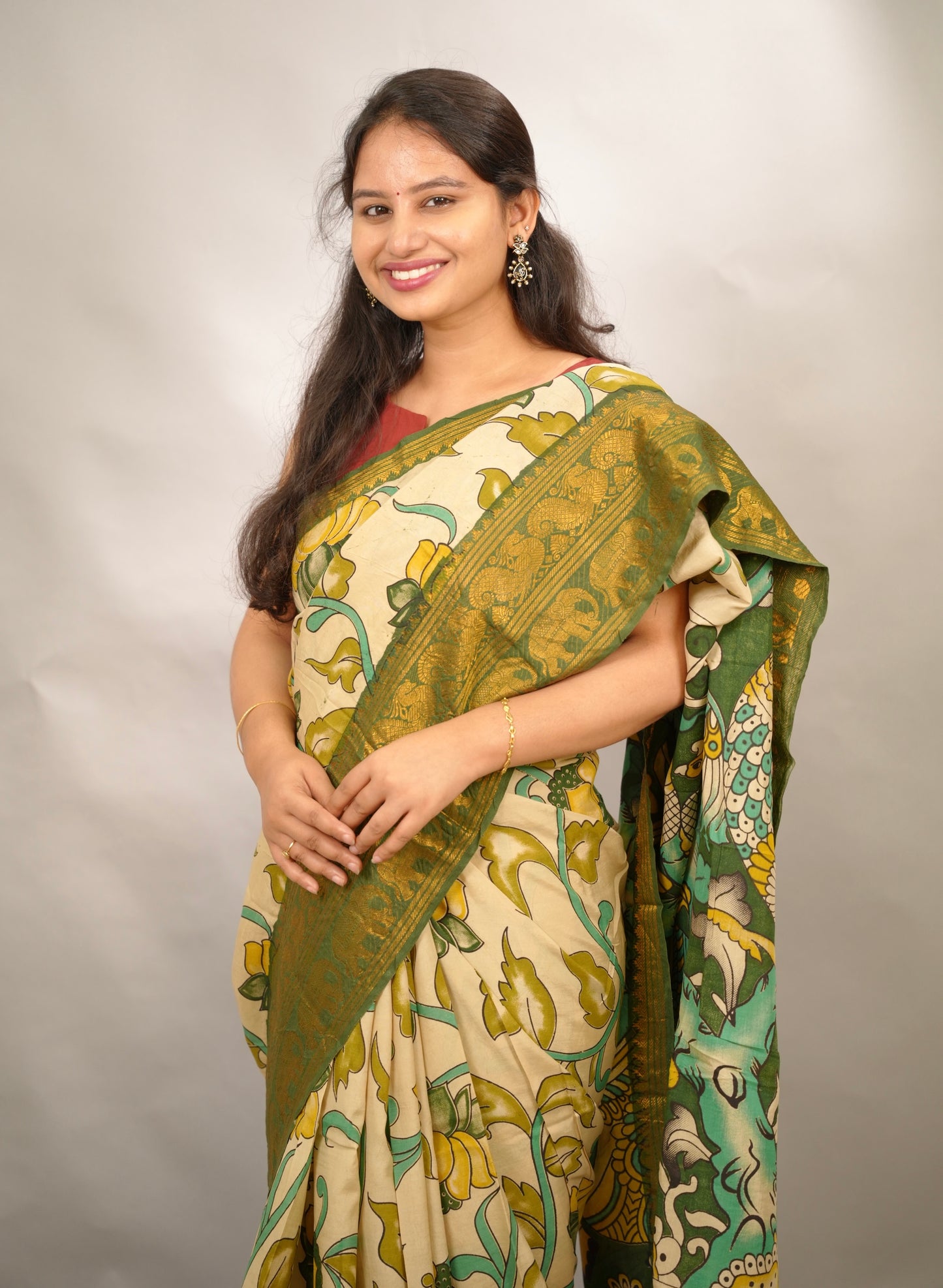Green Kanchi border Kalamkari chennur silk saree