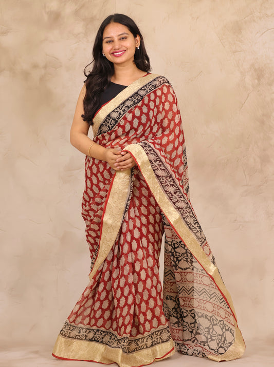 Maroon Chiffon Hand Block Printed Saree with Jari Border | Looms & Tassels