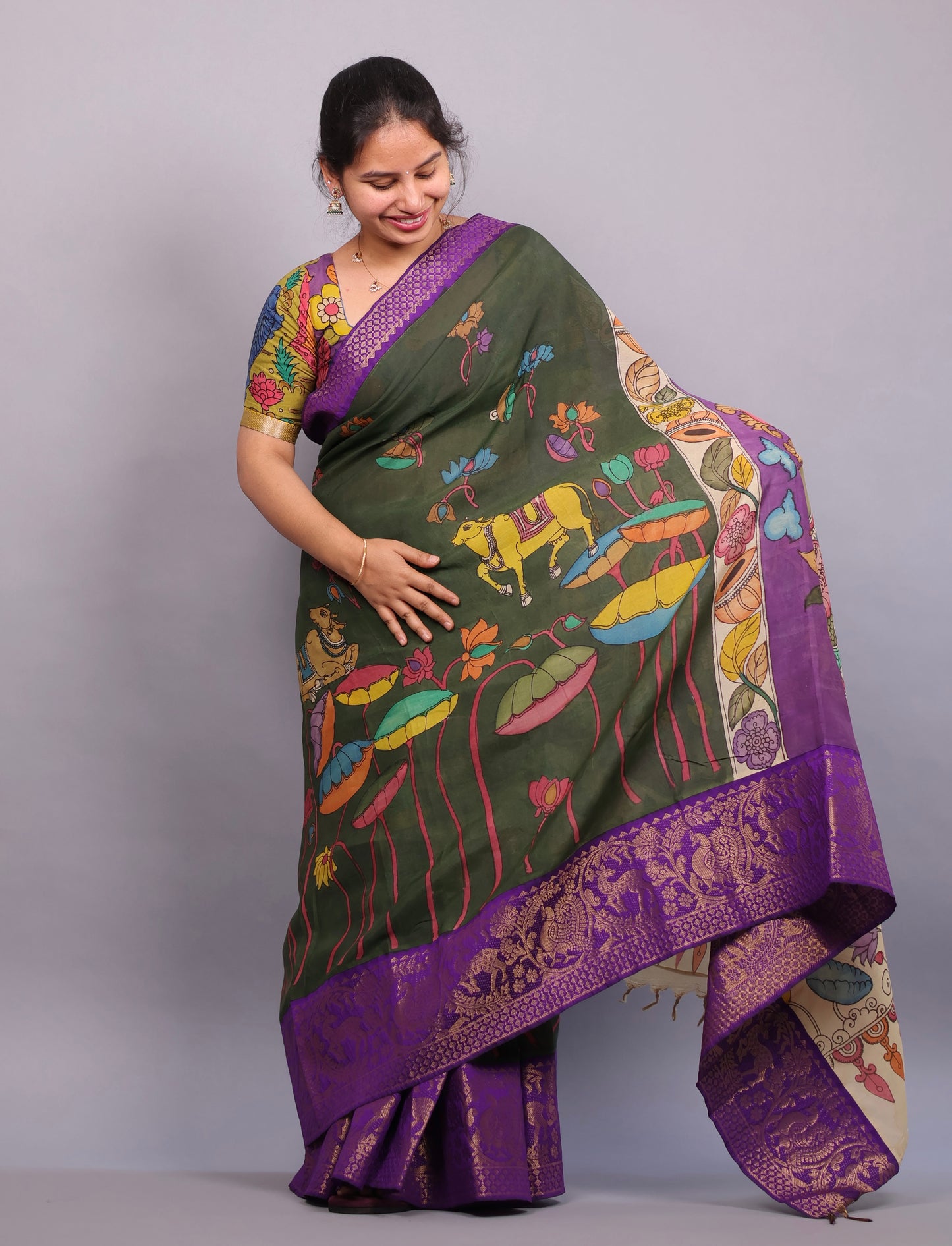 Green Hand Painted Pen Kalamkari Silk Saree
