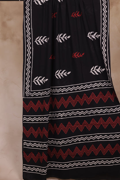 Black Bagru Handblock printed MulMul cotton saree | Looms & Tassels