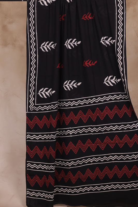 Black Bagru Handblock printed MulMul cotton saree | Looms & Tassels