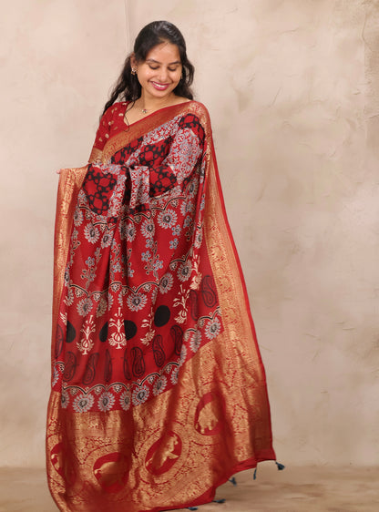 Red Ajrakh Handblock printed Dola Silk Saree | Looms & Tassels
