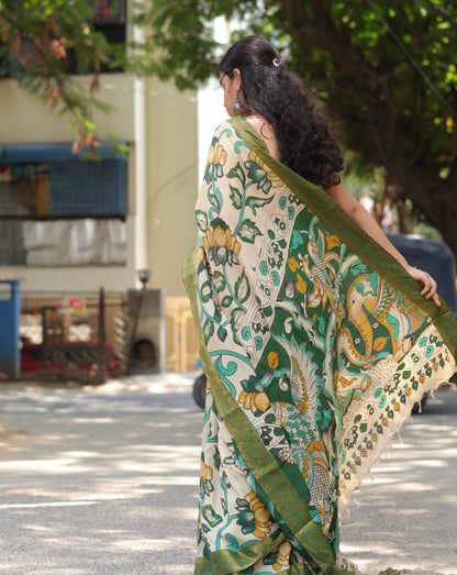 Green Lotus Nizam Border Kalamkari Silk Saree
